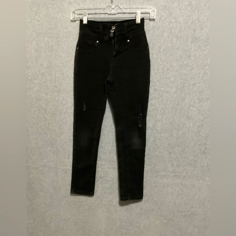 YMI Girl Size 8 High Rise Triple Button Black Skinny Jeans Distressed Stretch De